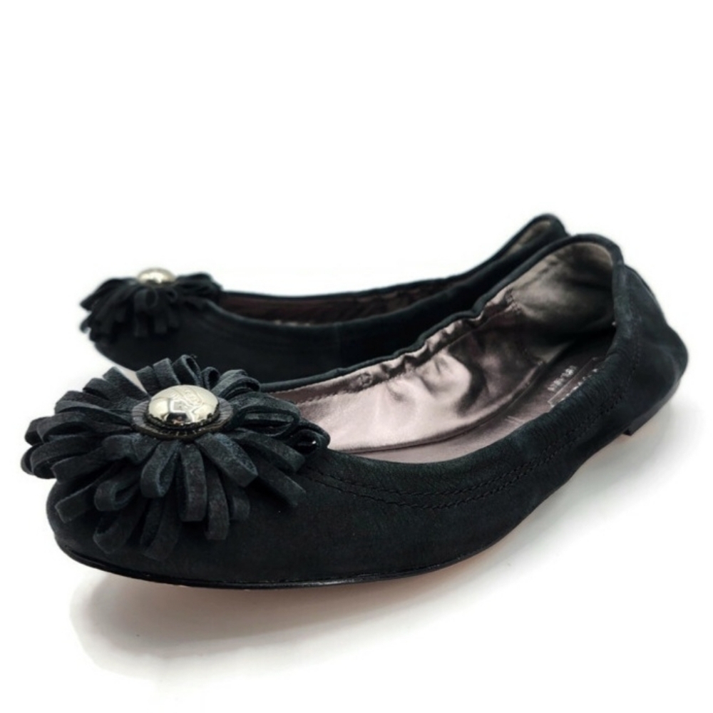 Coach Ariza Black Nubuck Leather Fringe Flower Silver Logo Stud Ballet Flats